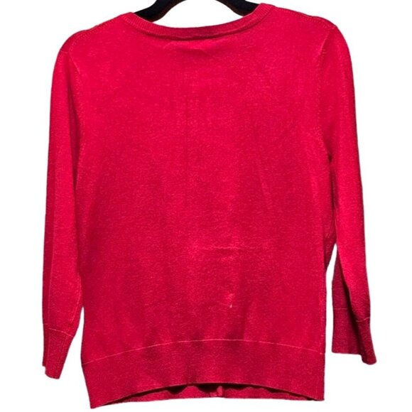 Embellished Red Cardigan Sweater By Cable & Gauge With Black‎ Gems & 3/4 Sleeves - Picture 2 of 9